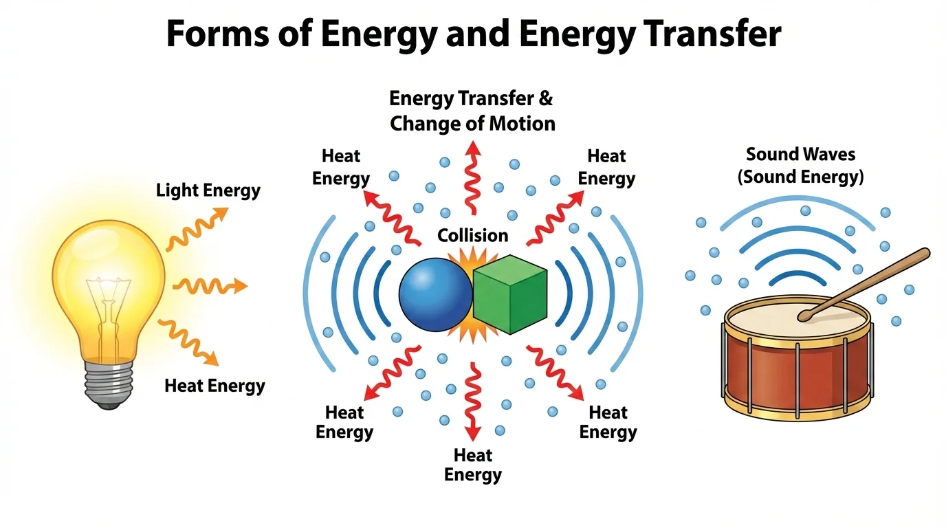 Labeled scene with a glowing lamp giving off light and heat, and a drum producing sound waves through the air