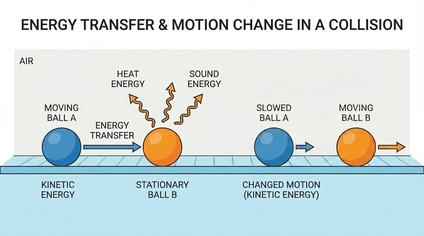 Two balls on a track, one rolling into another and making the second move, with arrows showing energy transfer and motion change