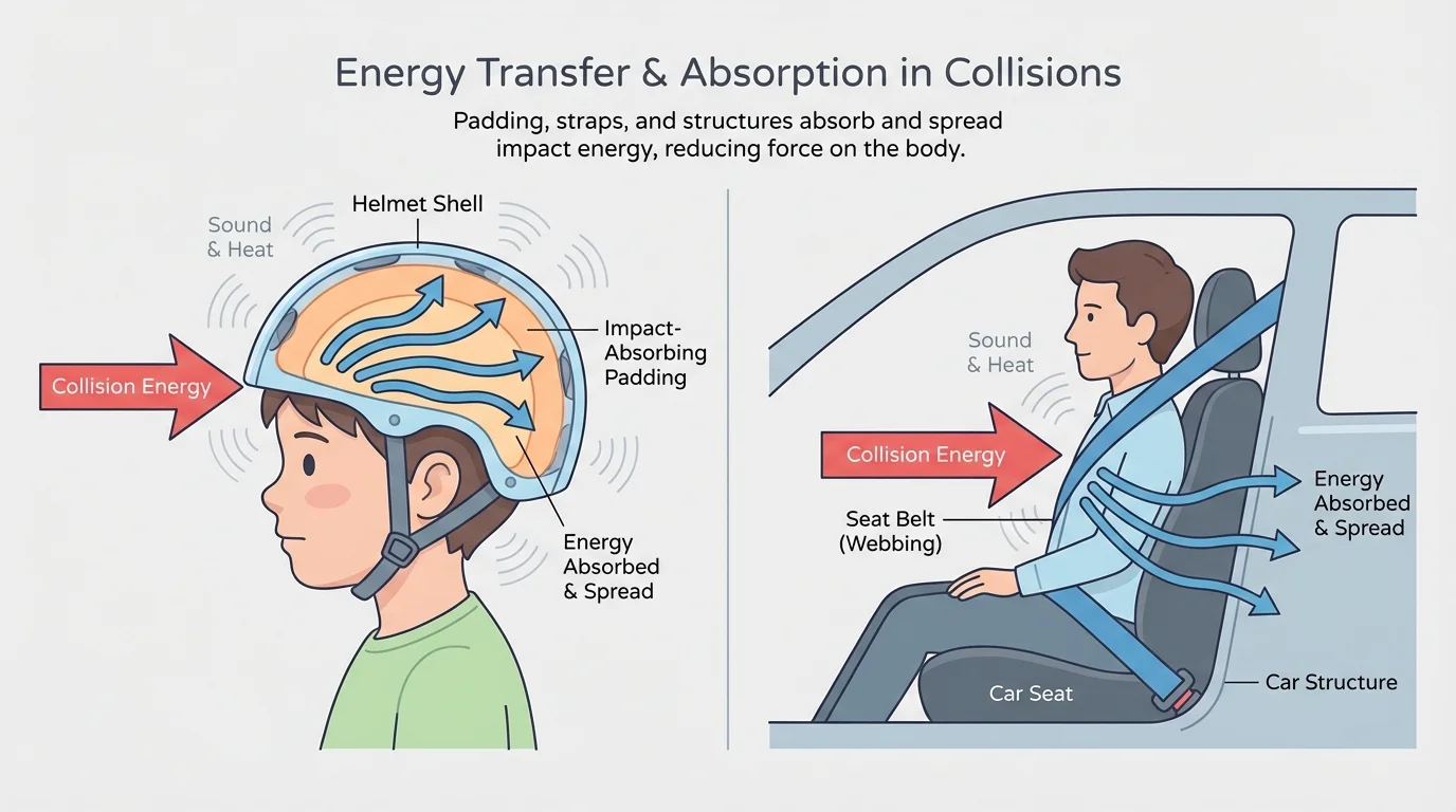 Child wearing a helmet and a car passenger with a seat belt, with arrows showing collision energy being absorbed and spread through padding and straps
