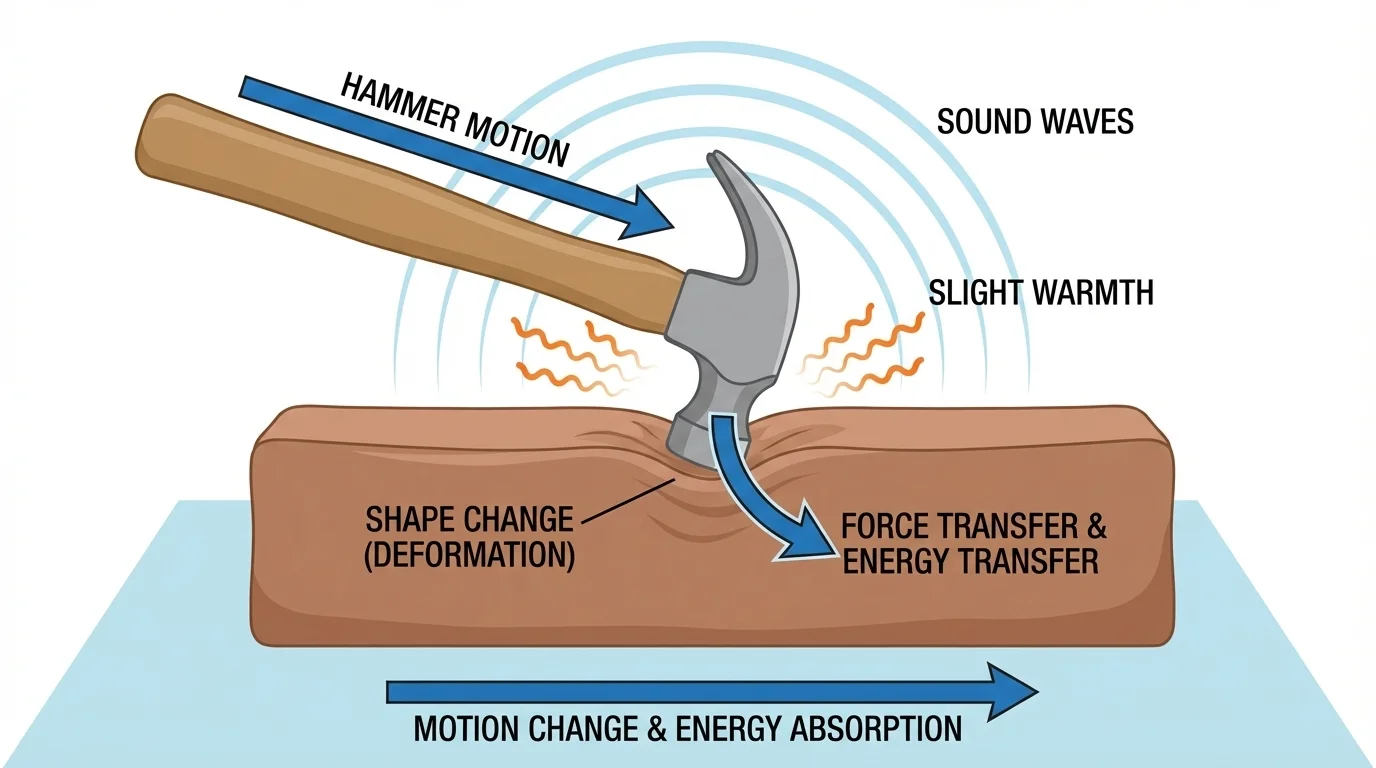 Hammer striking soft clay, with simple arrows indicating motion transfer, sound waves, slight warmth, and shape change in the clay
