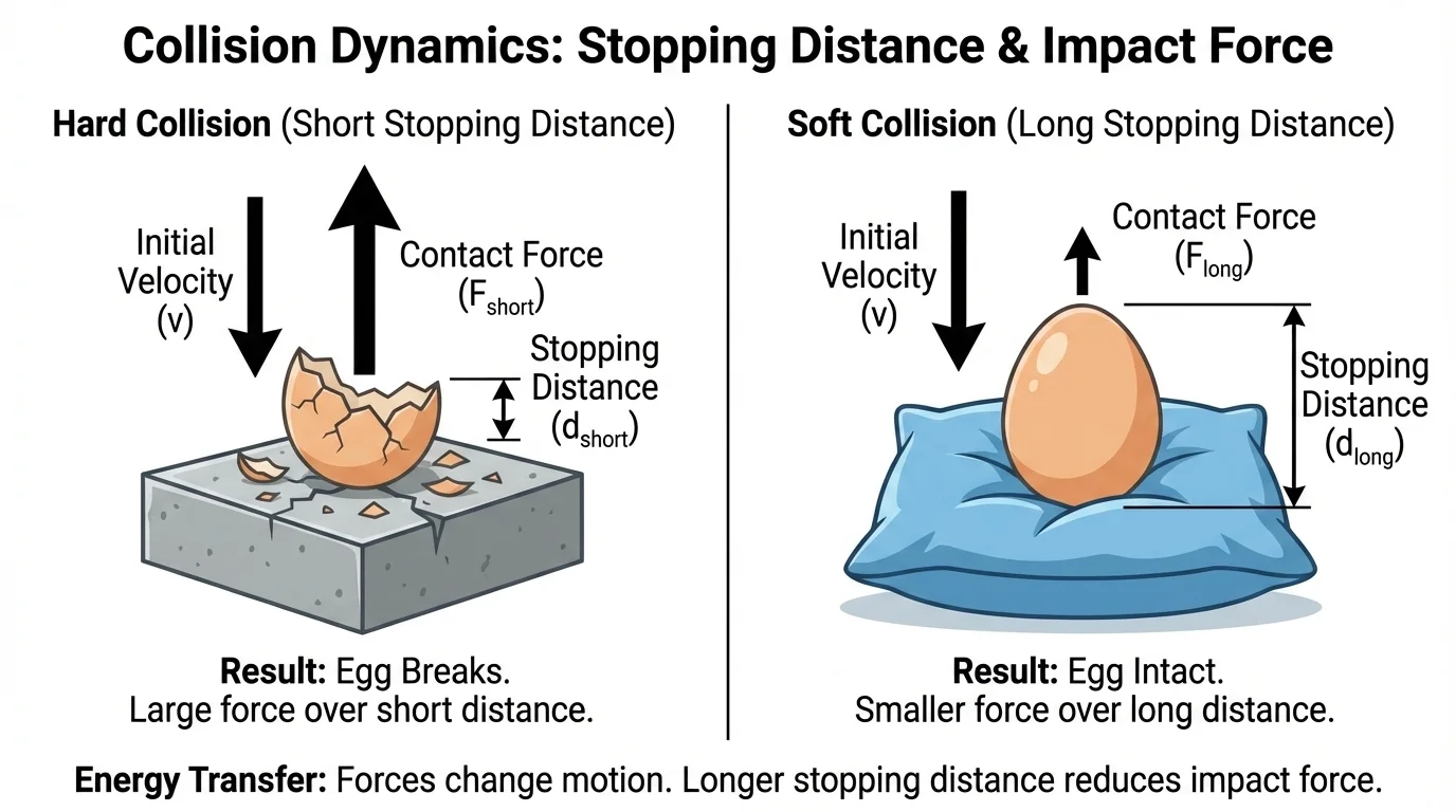 Side-by-side comparison of an egg landing on a hard floor and an egg landing on a soft pillow, showing shorter and longer stopping distances