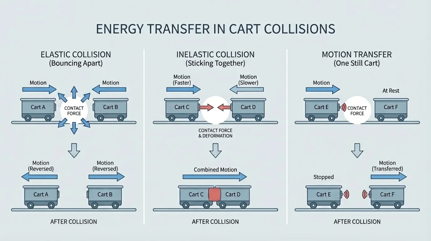 Three side-by-side cart collisions: carts bouncing apart, carts sticking together, and one moving cart transferring motion to a still cart