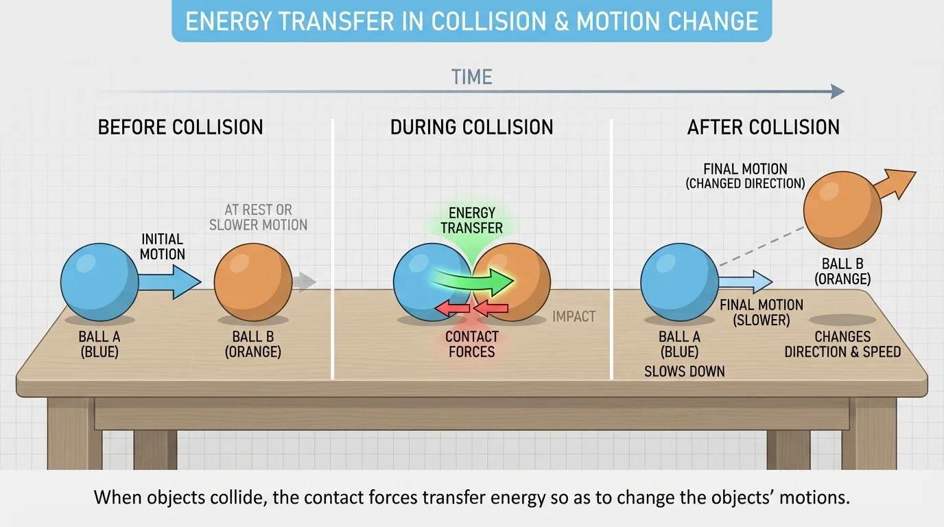 Two balls on a table shown before, during, and after collision, with arrows showing one ball slowing and the other changing direction