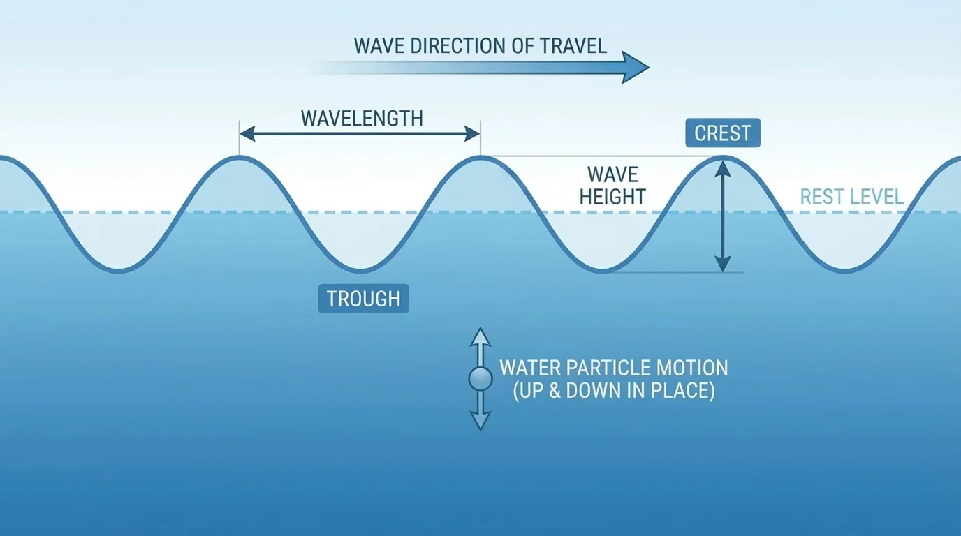 Labeled water wave showing crest, trough, wavelength between crests, and wave height from rest level