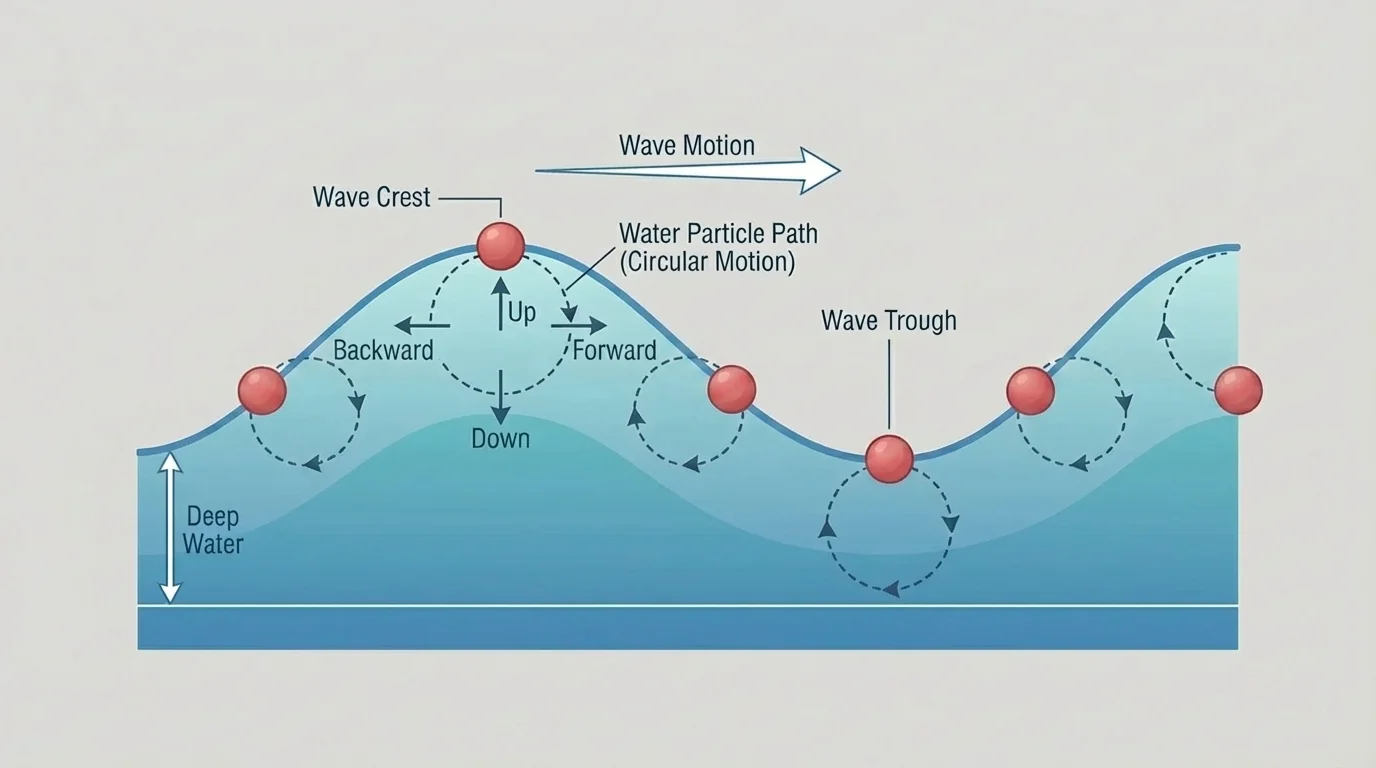 Side-view diagram of a deep-water wave moving right while floating markers rise and fall in place along circular paths