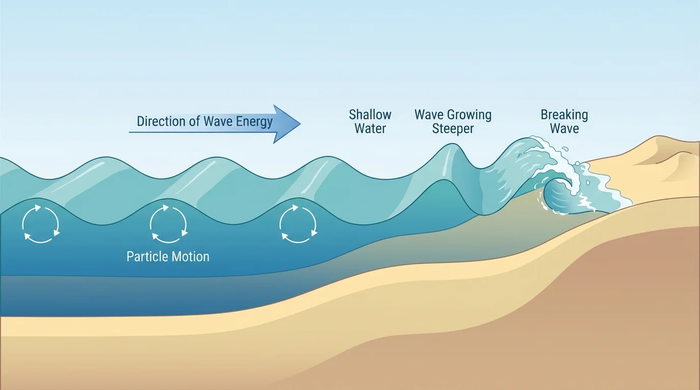 Cross-section from deep ocean to beach showing waves traveling, growing steeper in shallow water, and breaking near shore