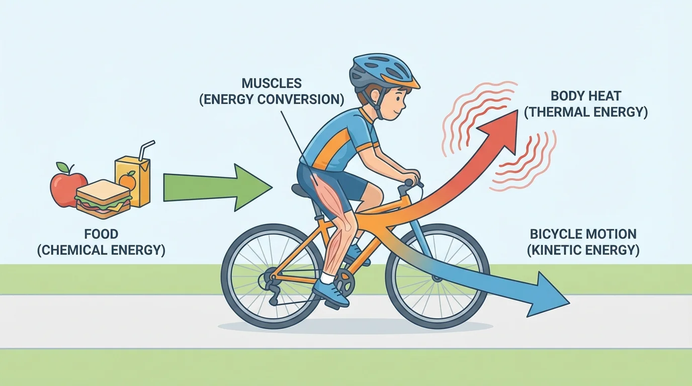 Illustration of a child riding a bicycle with arrows from food to muscles, then to motion and body heat