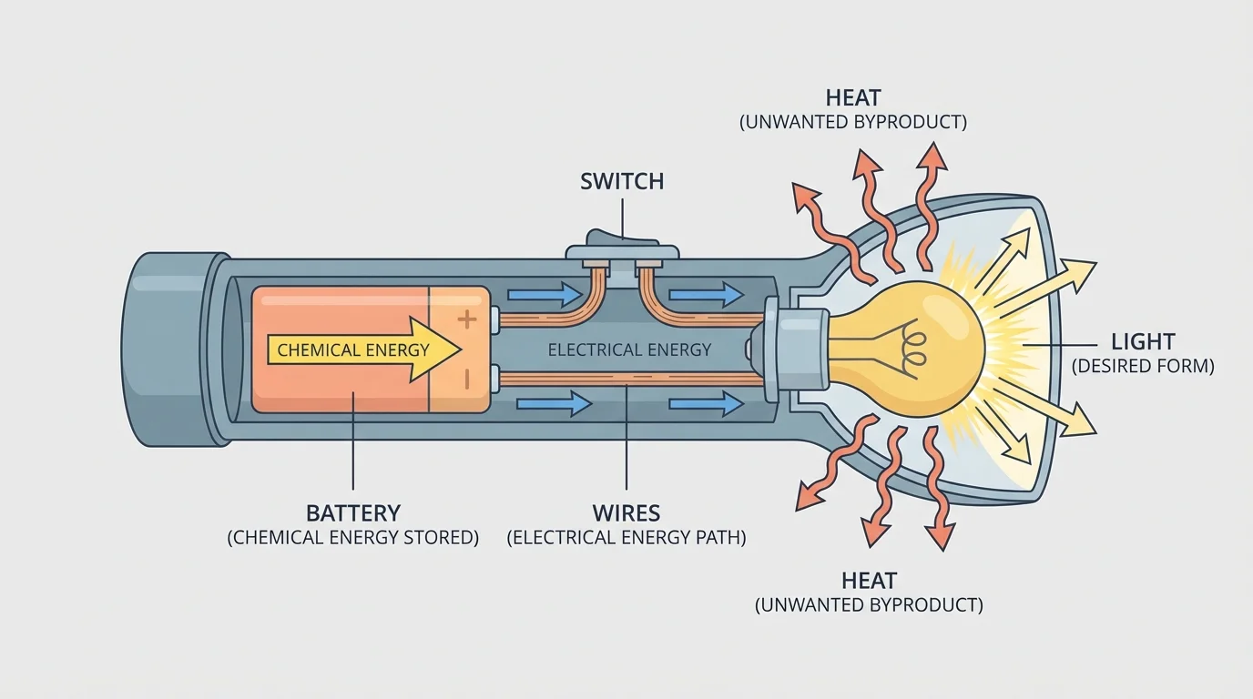 Cutaway-style diagram of a flashlight with battery, wires, bulb, and arrows labeled chemical energy, electrical energy, light, and heat