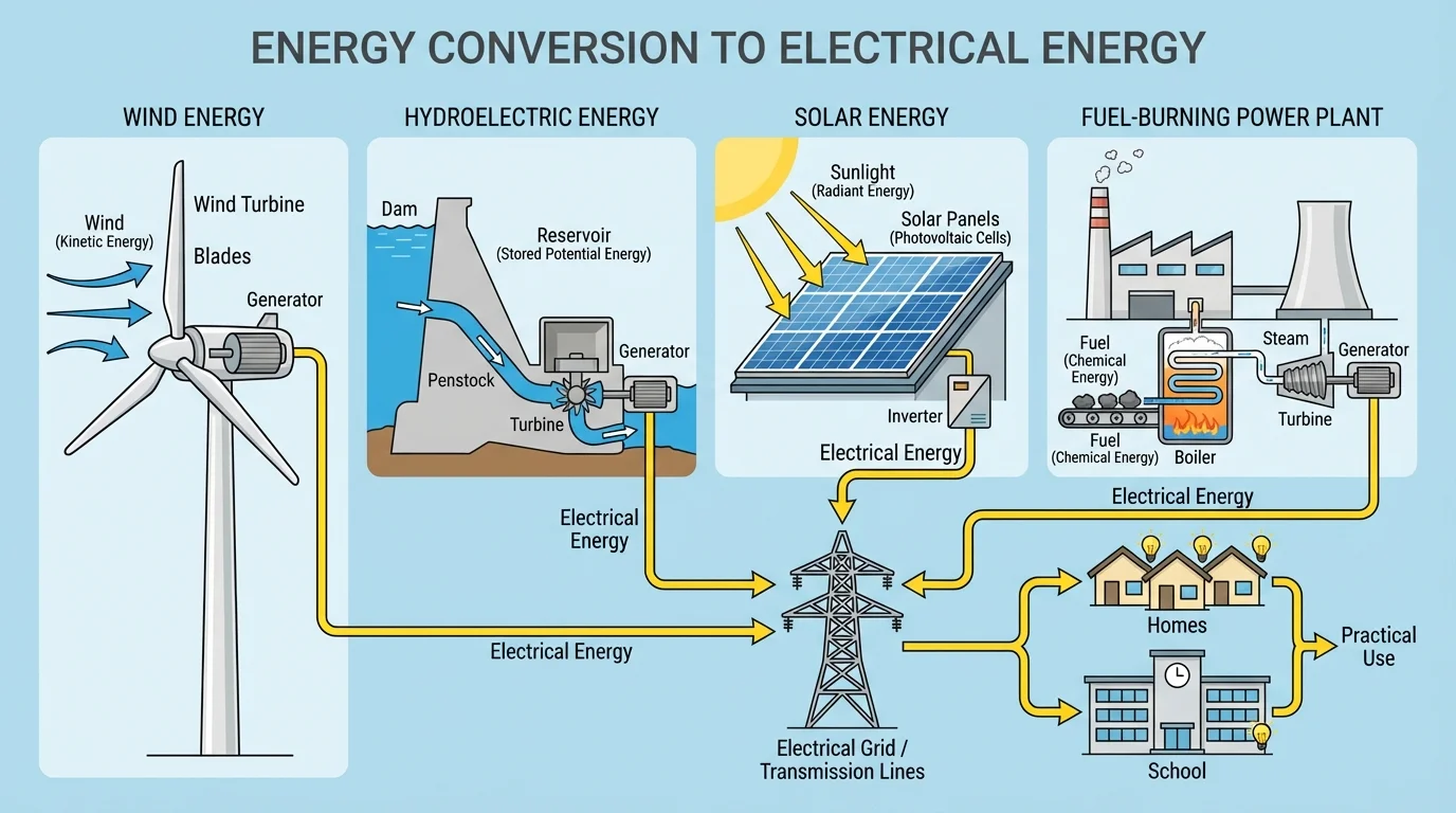 Diagram comparing wind turbine, dam, solar panel, and fuel-burning power plant as sources that are converted into electrical energy for homes and schools