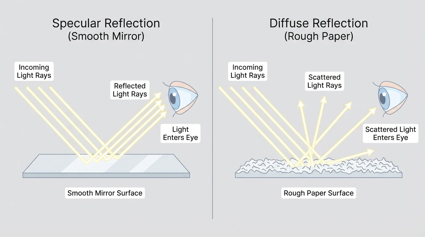 Side-by-side comparison of a smooth mirror reflecting parallel light rays in one main direction and a rough paper surface scattering rays in many directions