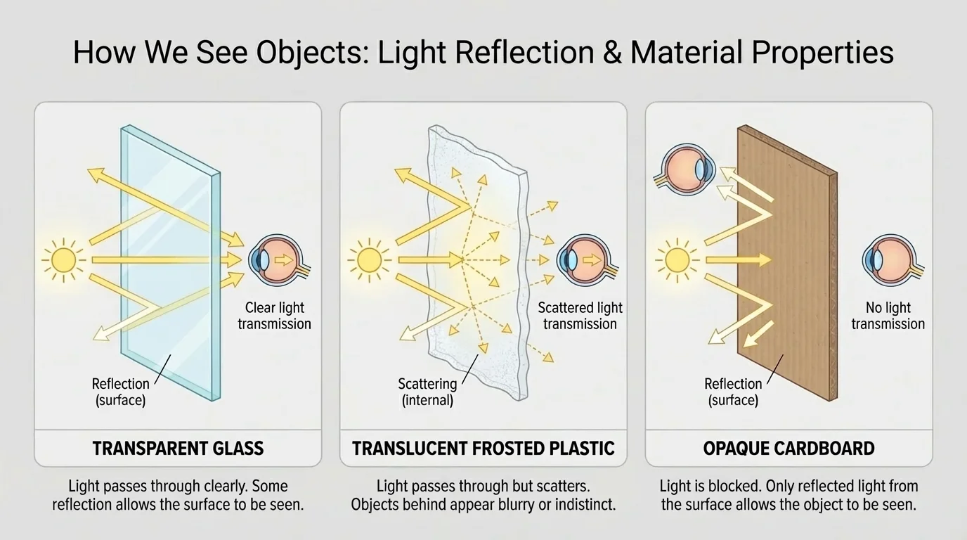 Three side-by-side materials labeled transparent glass, translucent frosted plastic, and opaque cardboard, with arrows showing light passing through clearly, scattering, or being blocked