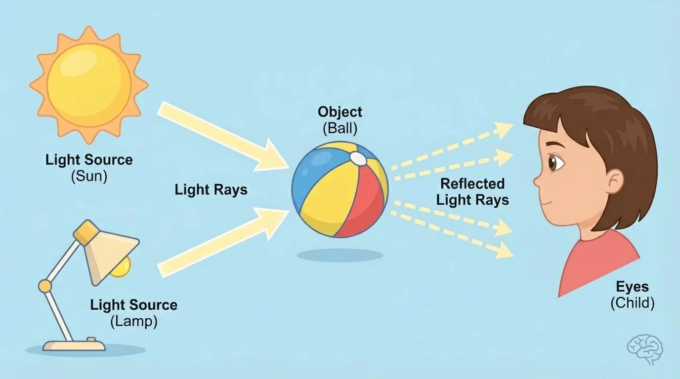 Light rays traveling from the Sun or a lamp to a ball, then reflecting from the ball into a child's eyes, with simple labels for source, object, and eyes