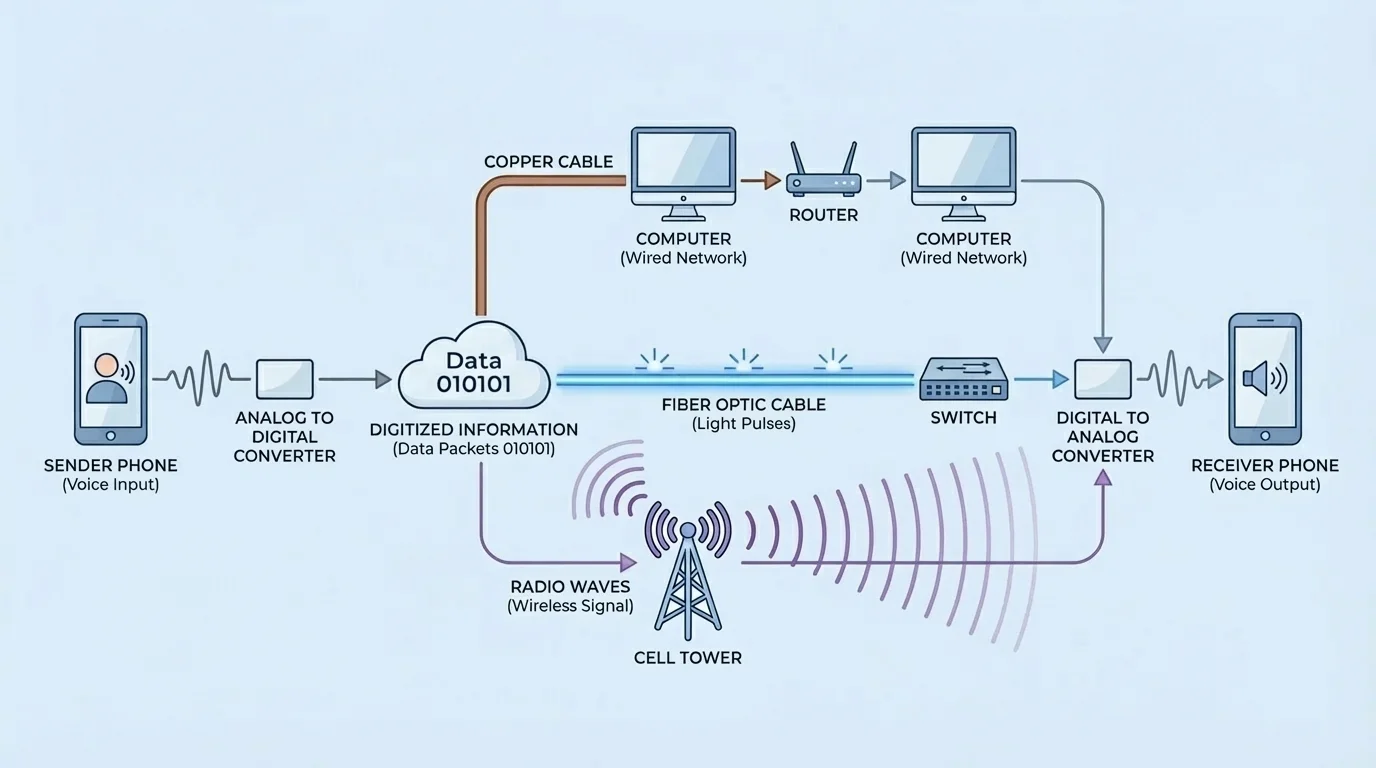 Simple network diagram showing one message traveling by cable, light through fiber, and radio waves to a tower and another phone