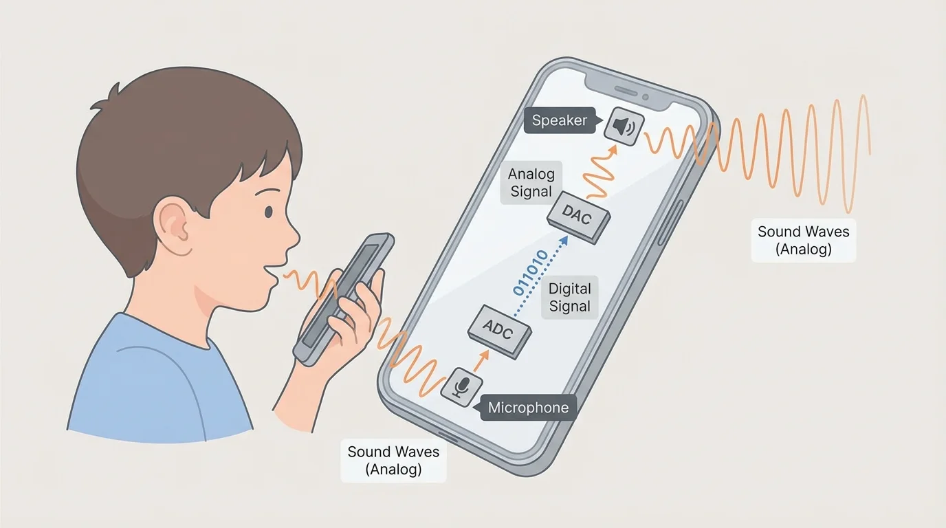 Child speaking into a phone microphone, with sound waves entering and a simple signal line shown inside the device