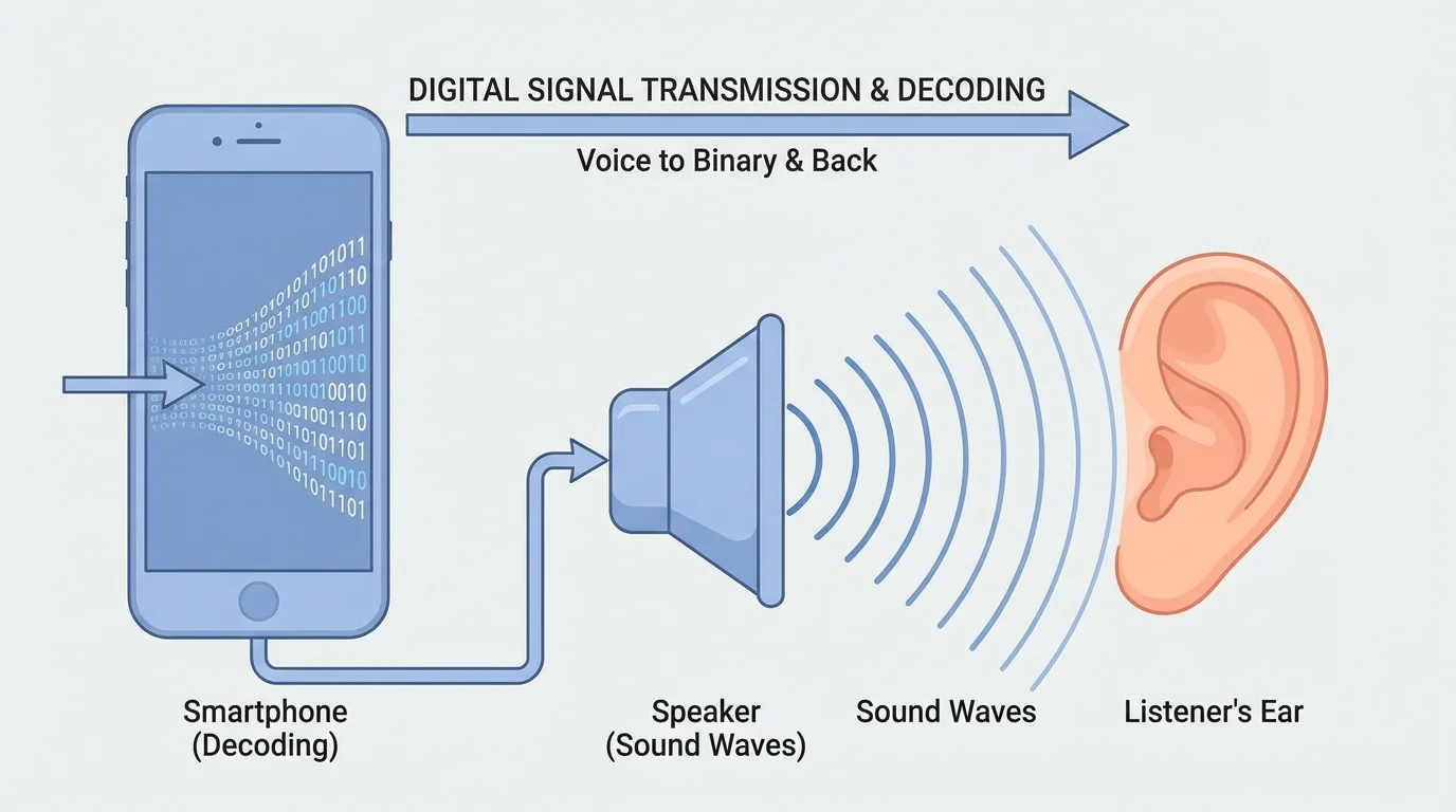 Phone receiving a signal, binary code inside, and speaker sending sound waves to a listener's ear