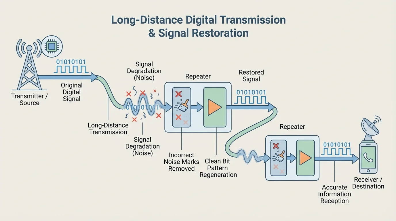 Fuzzy signal becoming clear again at repeaters, with incorrect noise marks removed and clean bit pattern continuing