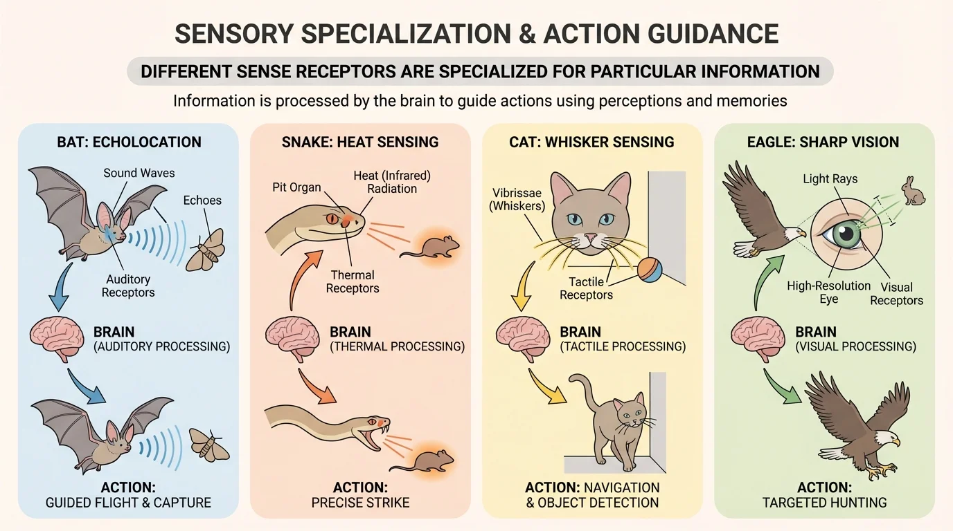 comparison illustration of bat using echolocation, snake sensing heat, cat using whiskers, and eagle using sharp vision