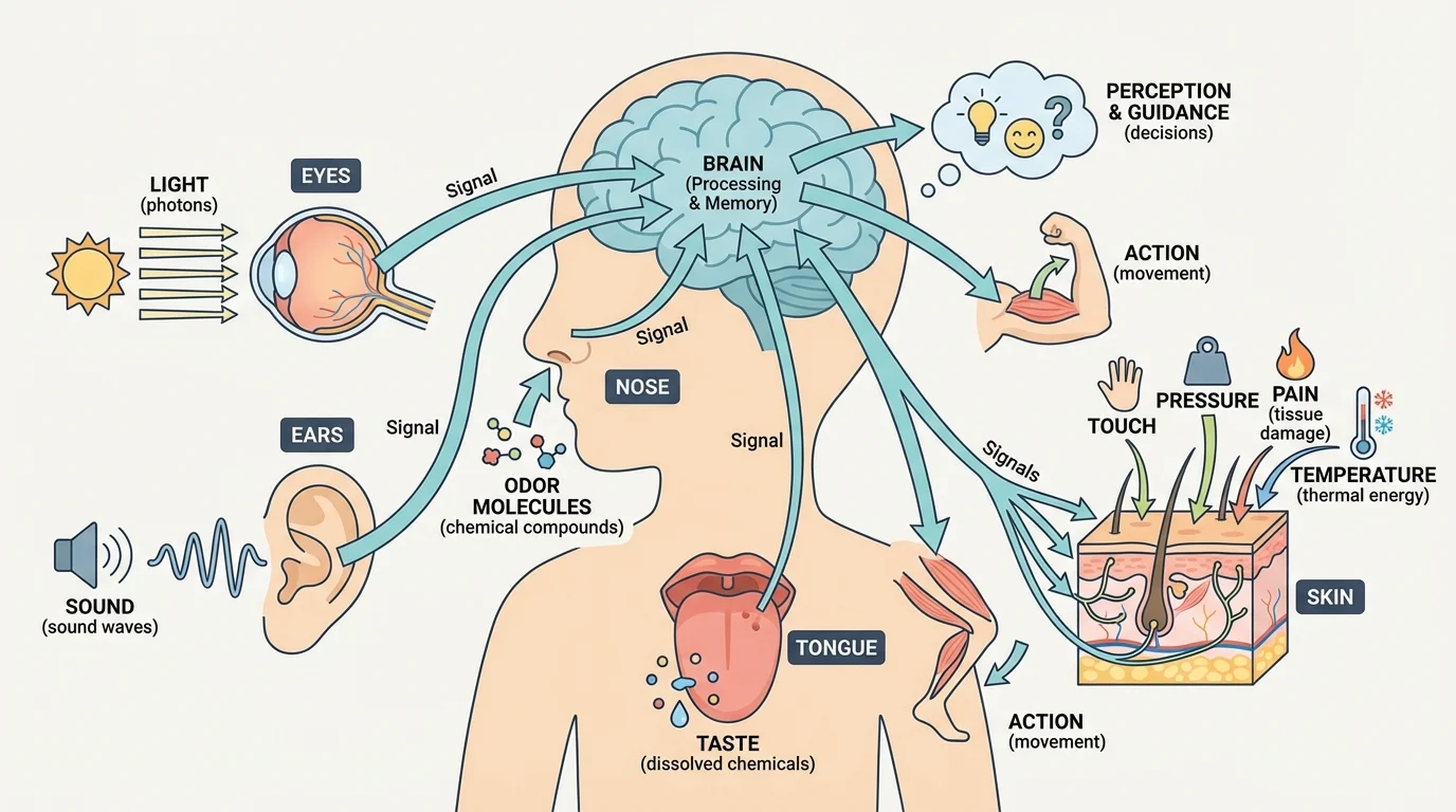 child-friendly human body diagram labeling eyes for light, ears for sound, nose for odor molecules, tongue for taste, skin for touch pressure pain and temperature