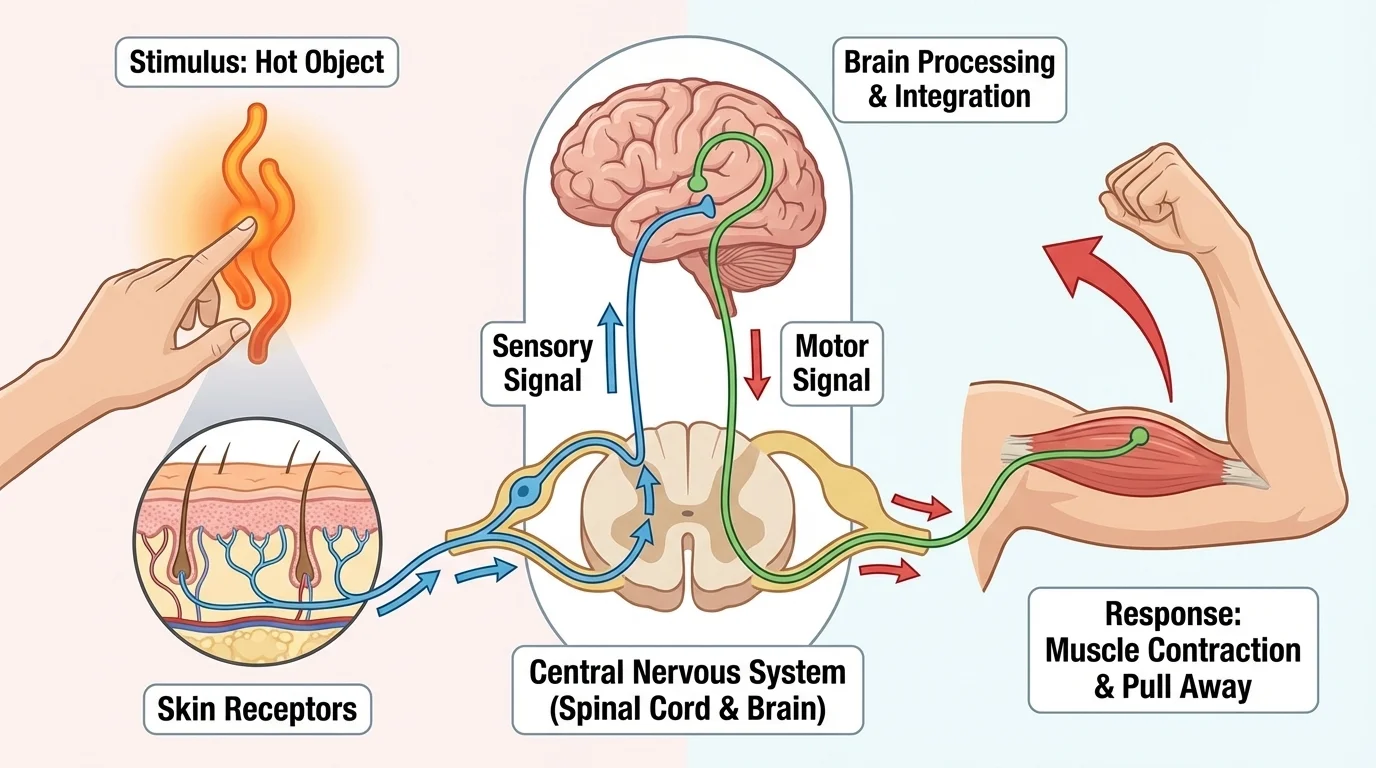 flowchart showing a hand touching a hot object, skin receptors sending signals through nerves to brain, brain sending message to arm muscles to pull away