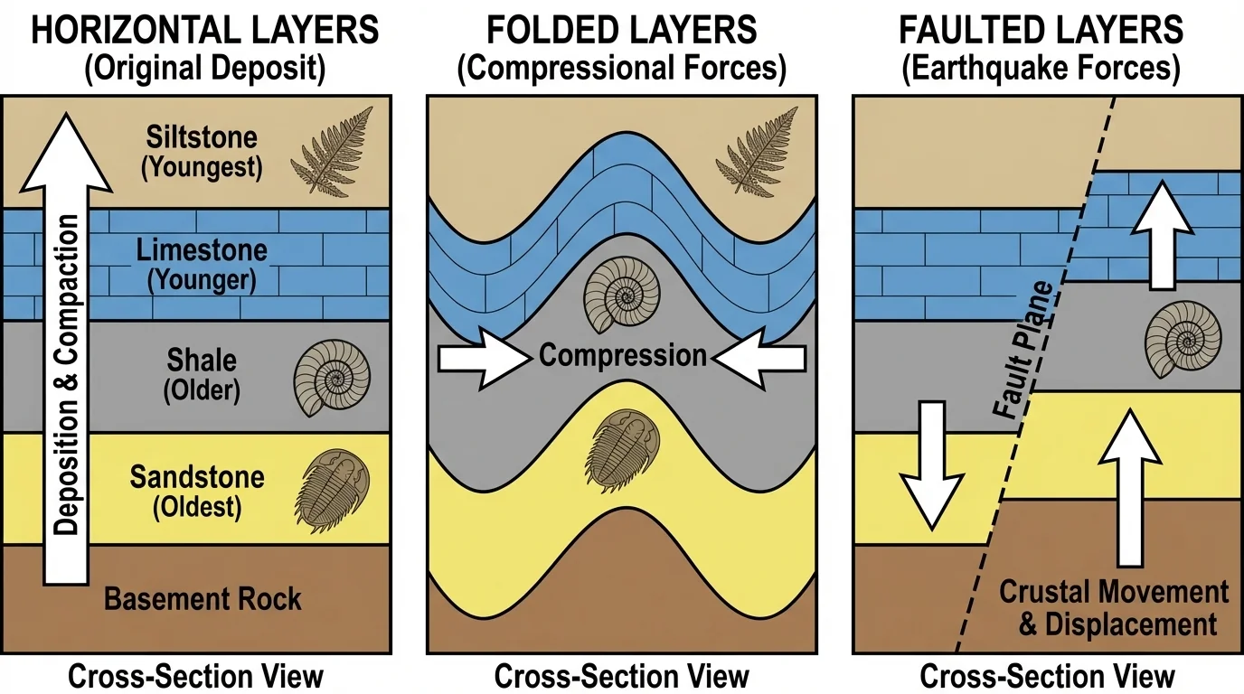 Side-by-side labeled cross-sections of rock layers: one flat and horizontal, one folded into waves, and one offset by a fault, with arrows showing crust movement