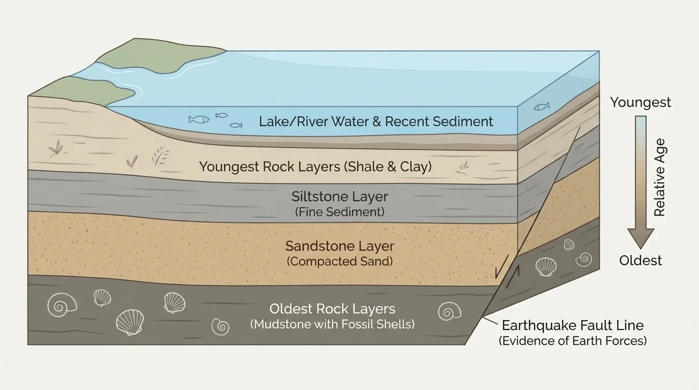 Cross-section of sedimentary rock layers near a lake or river, showing horizontal layers with oldest at the bottom and youngest at the top, with simple labels for sand, mud, shells, and rock layers
