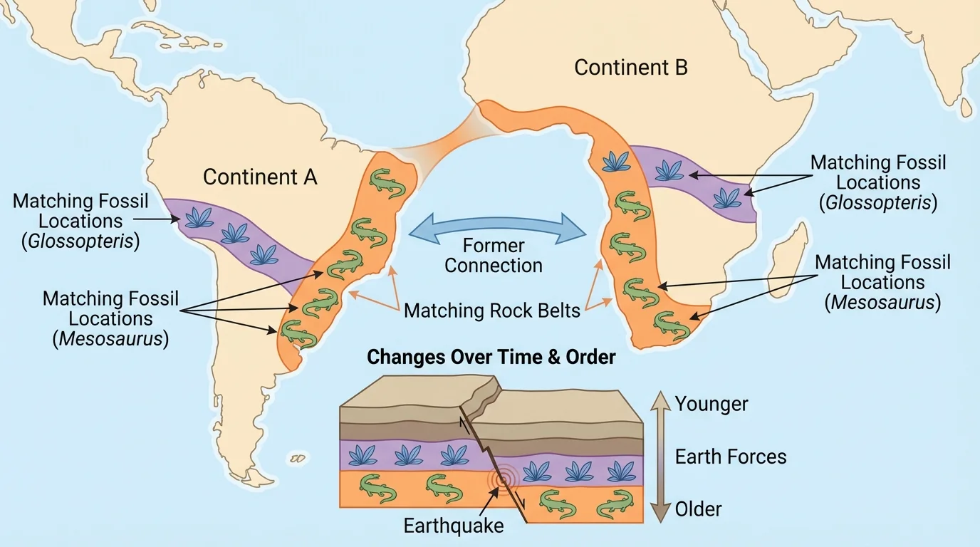 Simple world map showing two separated continents with matching rock belts and matching fossil locations highlighted in the same colors to show how patterns line up across continents