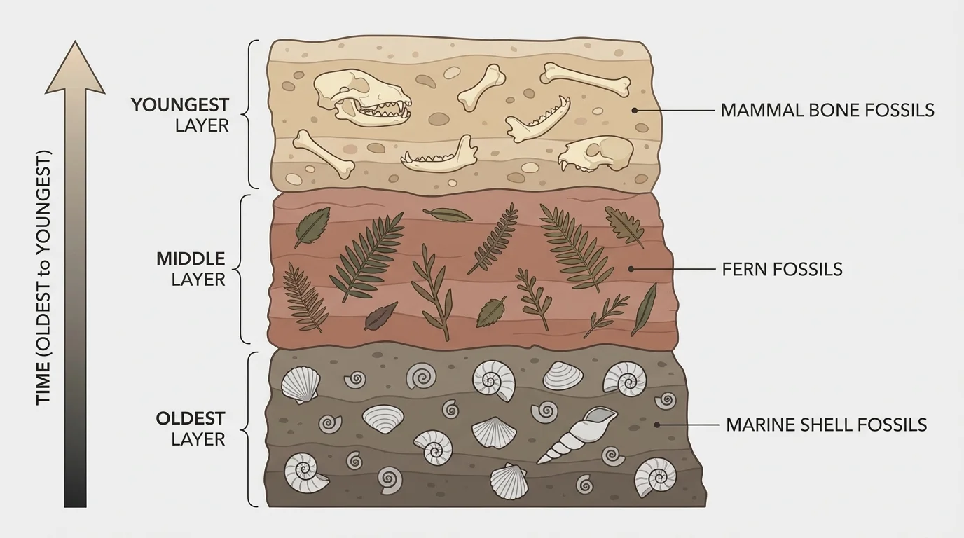 Vertical rock column with three main layers containing different fossils, such as marine shell fossils in the bottom layer, fern fossils in the middle layer, and mammal bone fossils in the top layer, labeled oldest to youngest