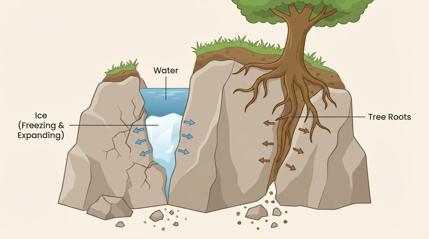 Rock with water in a crack freezing into ice and tree roots widening the crack