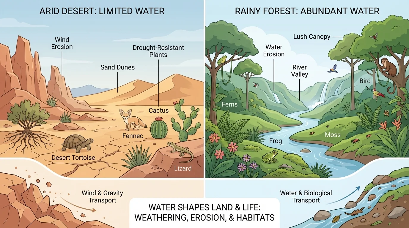 Side-by-side landscape comparison with dry desert plants and animals on one side and rainy forest plants and animals on the other