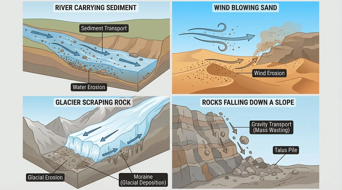 Four-part diagram showing river carrying sediment, wind blowing sand, glacier scraping rock, and rocks falling down a slope