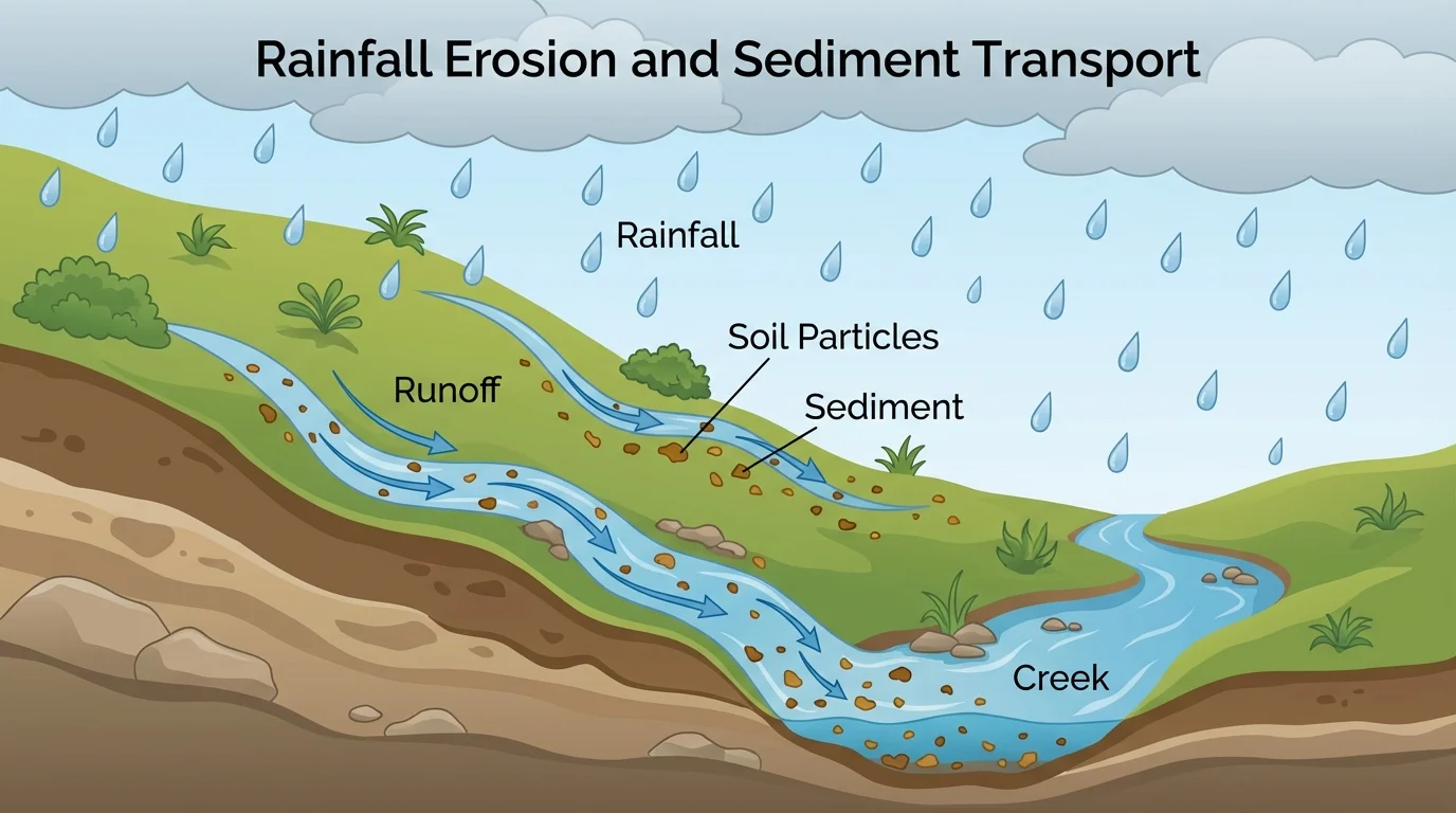 Hillside in rain with raindrops, water flowing downhill, small soil particles moving into a creek