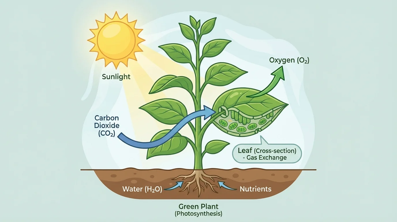 green plant in sunlight taking in carbon dioxide and releasing oxygen, with arrows between leaf and air