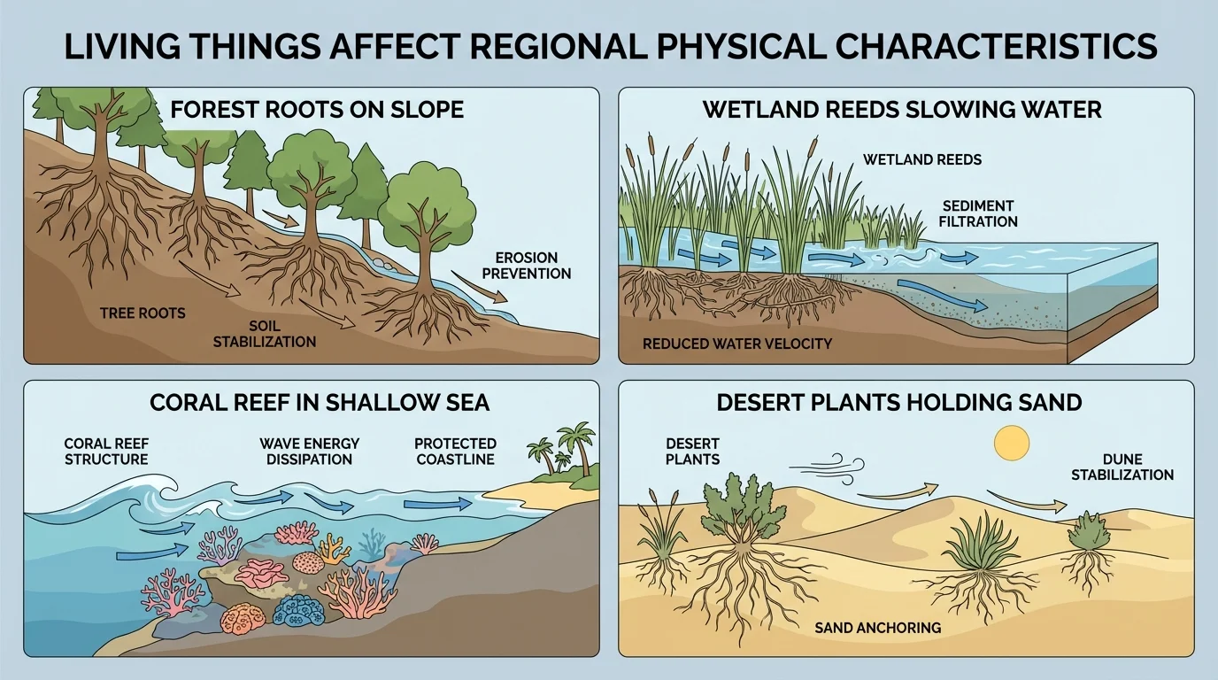 four-panel comparison showing forest roots on slope, wetland reeds slowing water, coral reef in shallow sea, desert plants holding sand