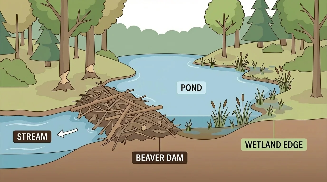 stream with beaver dam, water ponding behind dam, trees nearby, labels for stream, dam, pond, and wetland edge