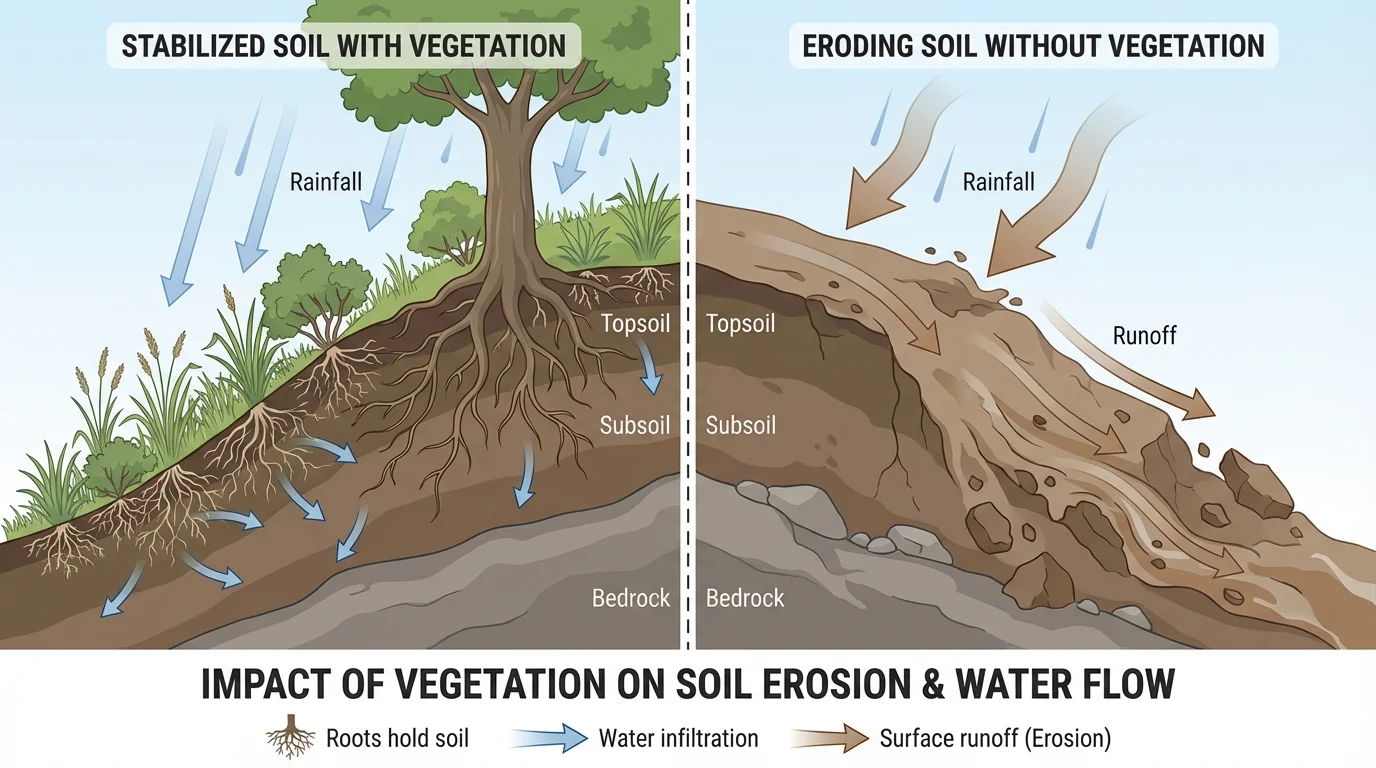 hillside with grasses and tree roots holding soil, rainwater flowing gently where plants grow and bare slope eroding nearby