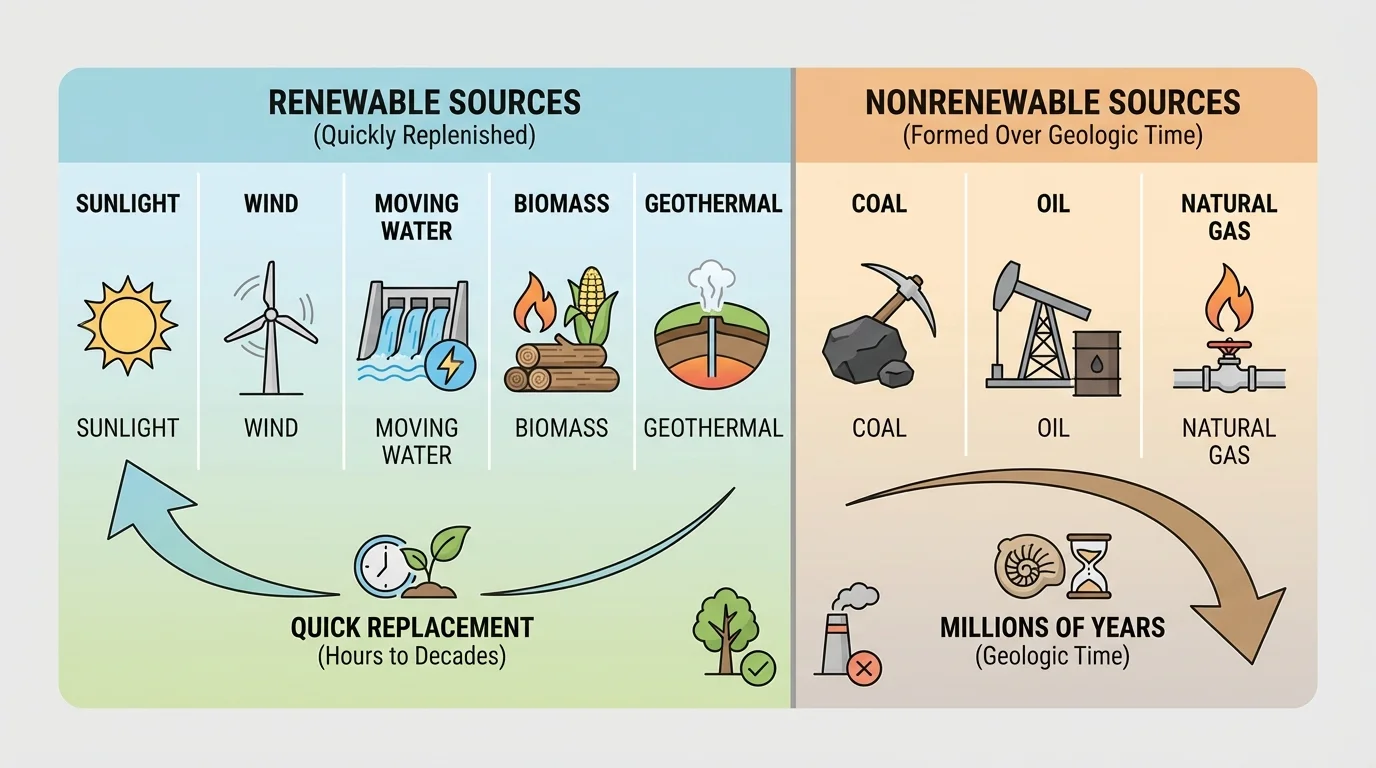 chart comparing sunlight, wind, moving water, biomass, and geothermal with coal, oil, and natural gas, showing quick replacement for renewable sources and millions of years for nonrenewable sources