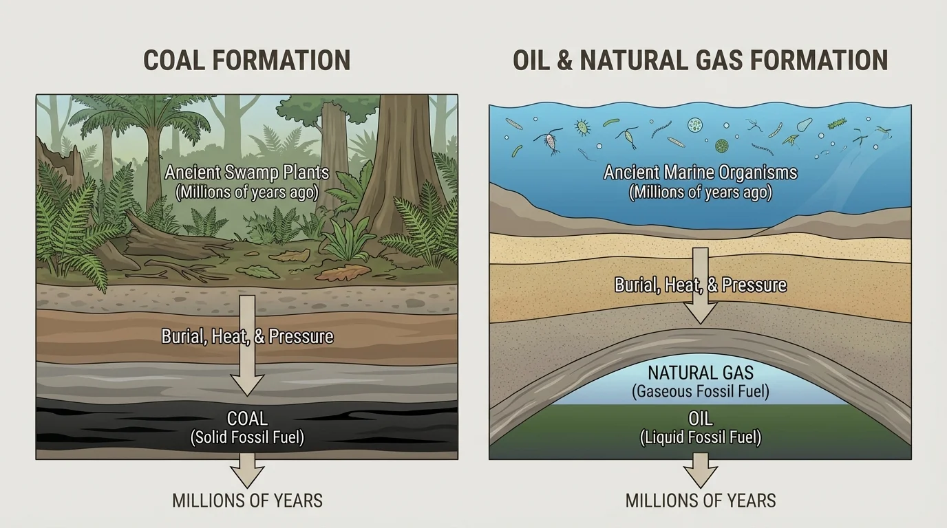 diagram of ancient plants and tiny sea organisms buried under layers of sediment, with heat and pressure forming coal, oil, and natural gas underground over millions of years