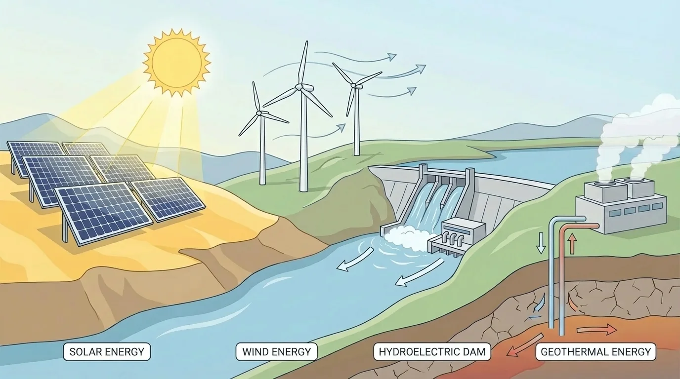 illustration showing solar panels in bright sunlight, wind turbines turning, a dam with flowing water, and geothermal pipes with steam rising from the ground