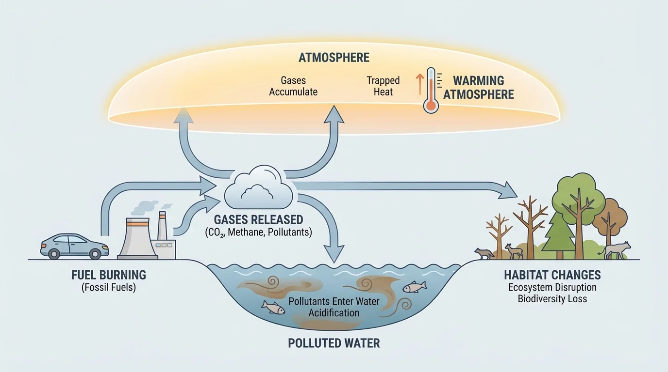 flowchart showing fuel burned in a car and power plant, gases released into the air, warming atmosphere, polluted water, and habitat changes on land