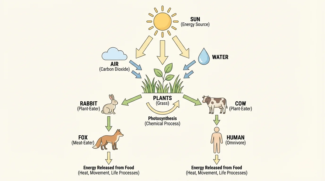 Flowchart showing energy moving from the sun to plants, then to plant-eaters and meat-eaters, including sun to grass to rabbit to fox and sun to grass to cow to human