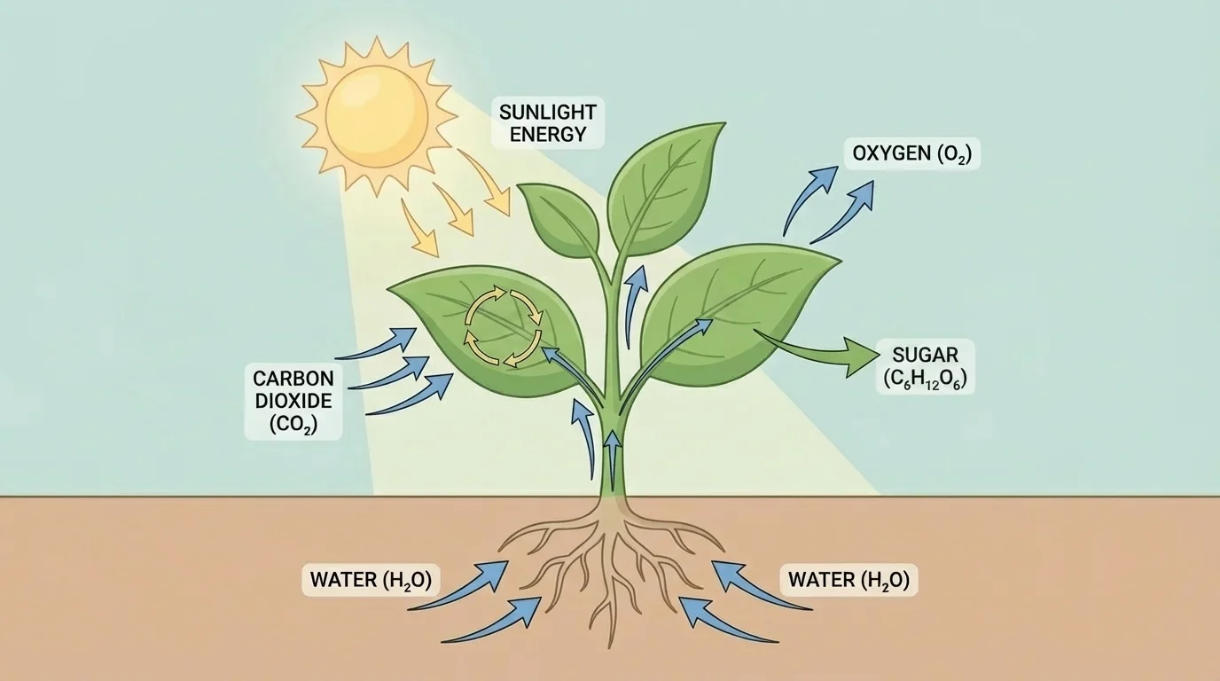 Diagram of a green plant taking in sunlight, water through roots, and carbon dioxide from air, then making sugar and releasing oxygen