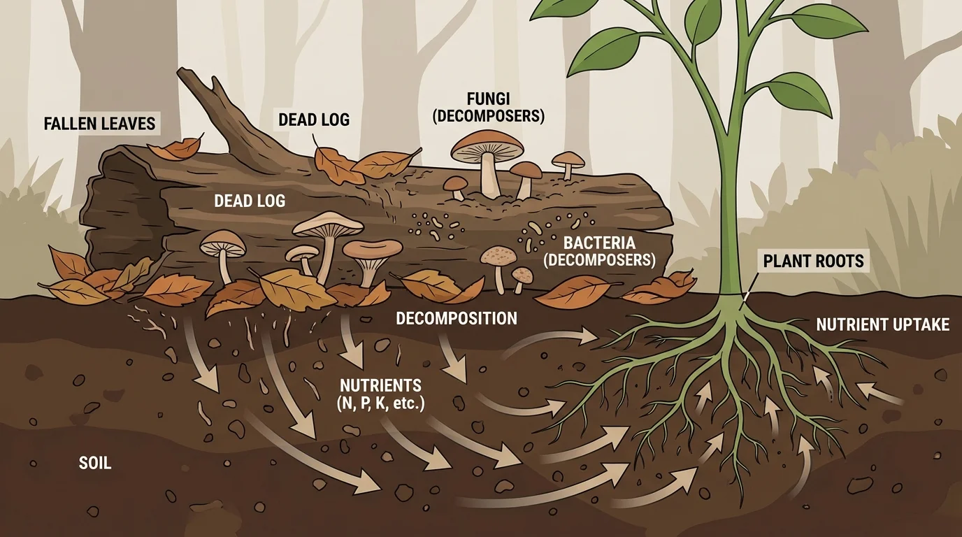 Fallen leaves and a dead log with fungi and bacteria breaking them down into soil nutrients, with arrows showing nutrients returning to plant roots