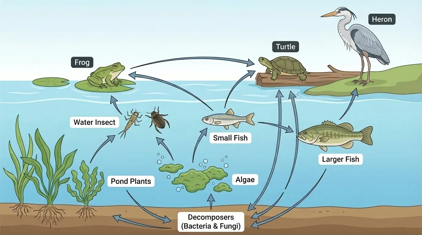 Pond food web with pond plants, algae, insect, small fish, frog, larger fish, turtle, and heron connected by arrows showing multiple feeding relationships