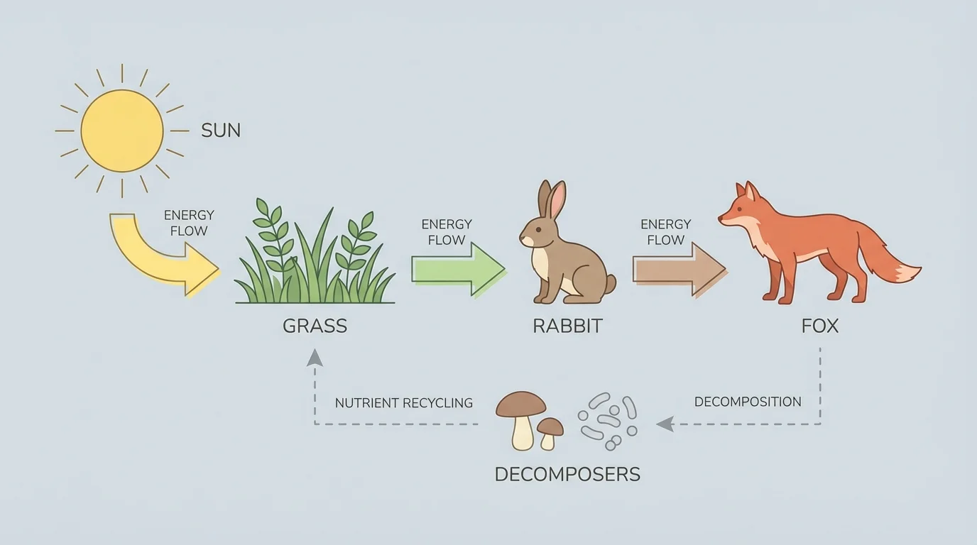 Simple ecosystem diagram with sun, grass, rabbit, and fox showing arrows from sun to grass, grass to rabbit, and rabbit to fox