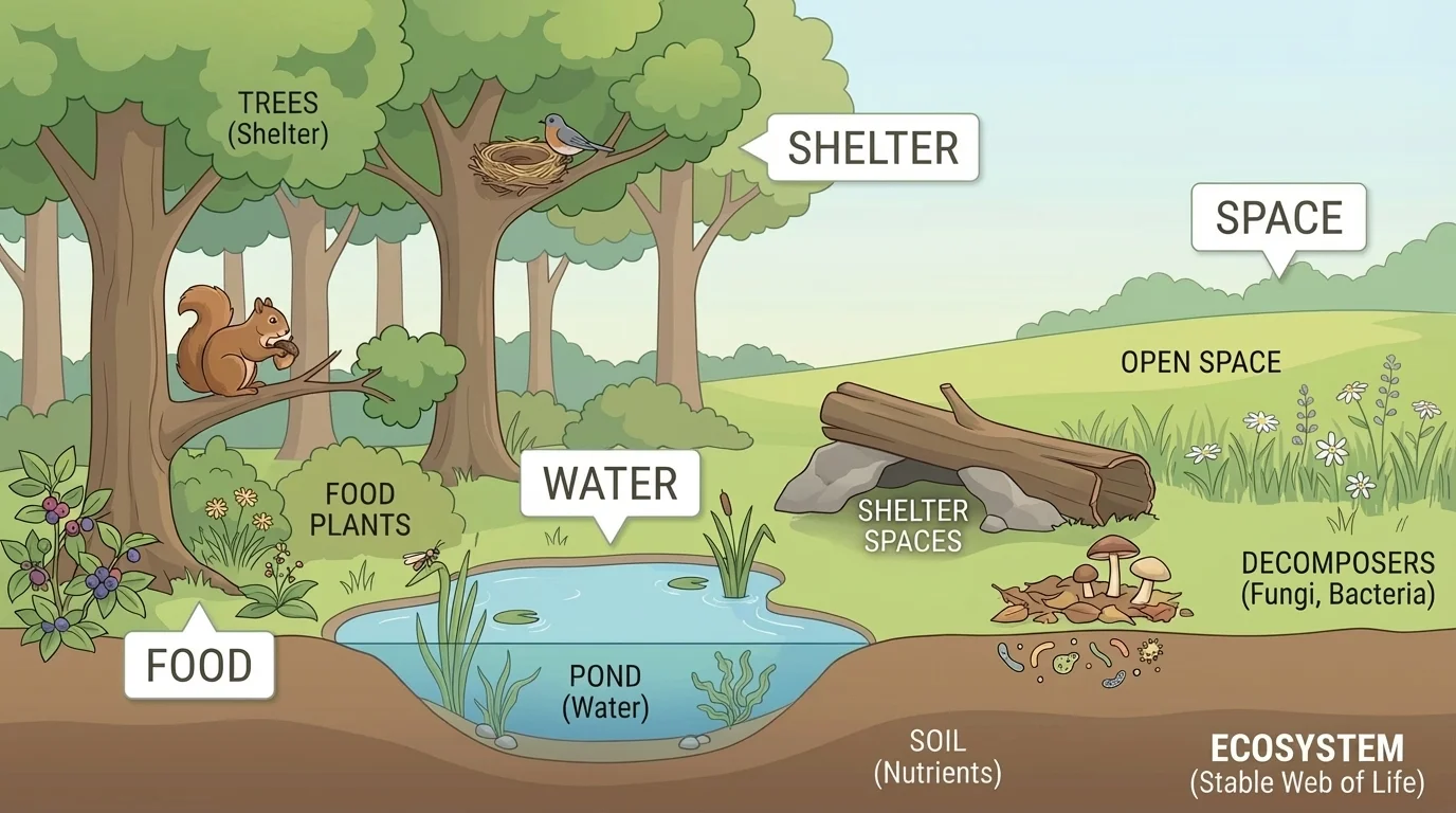 Woodland habitat showing trees, bird nest, squirrel, pond, food plants, shelter spaces, and open space labeled with simple needs like food, water, shelter, space