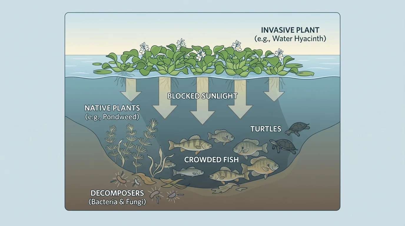 Lake scene with invasive plant spreading across the water surface, blocking sunlight from native water plants while fish and turtles are crowded below