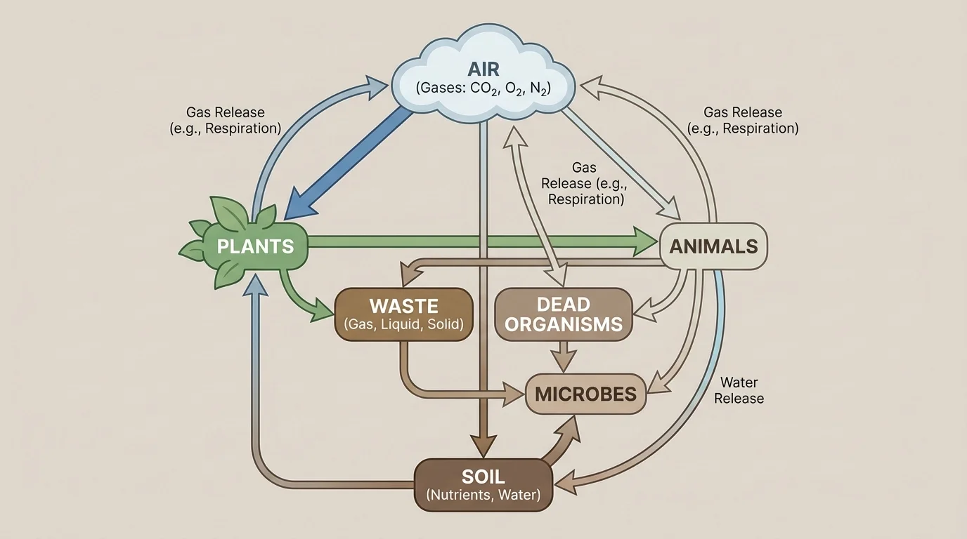 Flowchart showing arrows among air, soil, plants, animals, microbes, waste, and dead organisms
