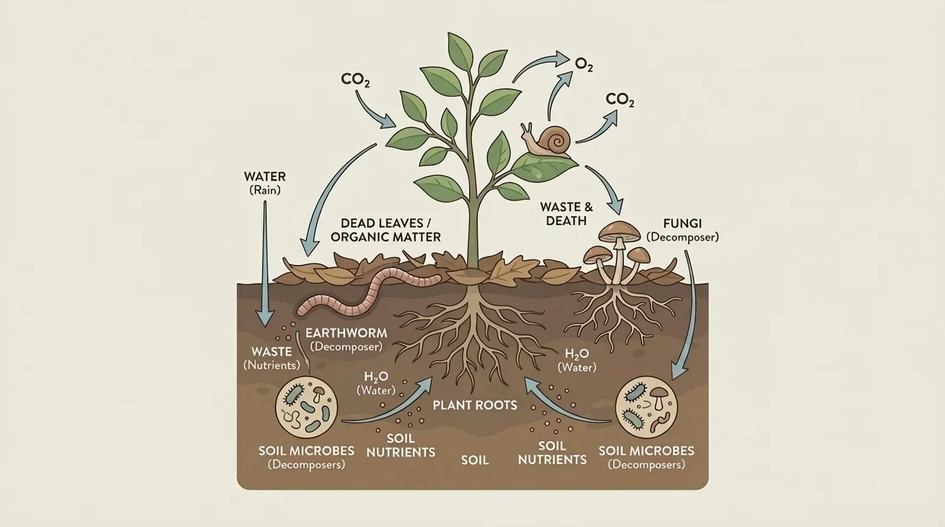 Forest floor diagram with dead leaves, fungi, worms, and microbes breaking matter into soil nutrients