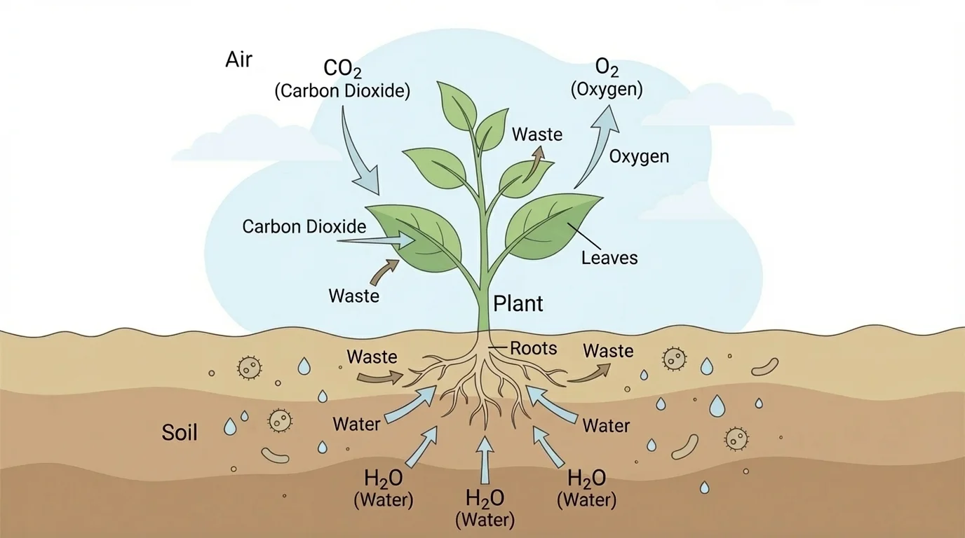 Labeled plant diagram showing roots absorbing water from soil, leaves taking in carbon dioxide from air, and oxygen moving out