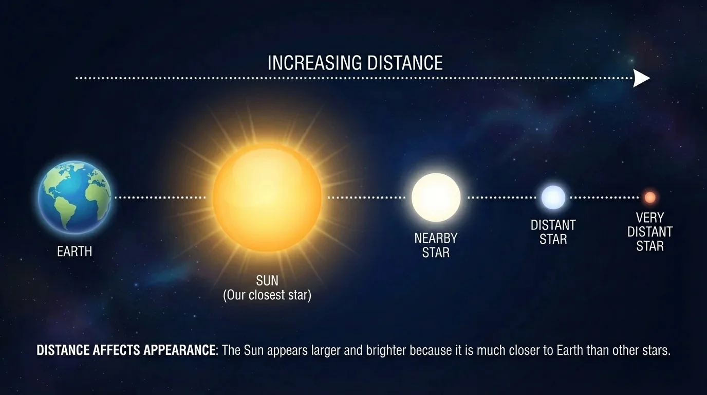Earth at one side of space with several stars placed at clearly different distances, from nearby to very far away